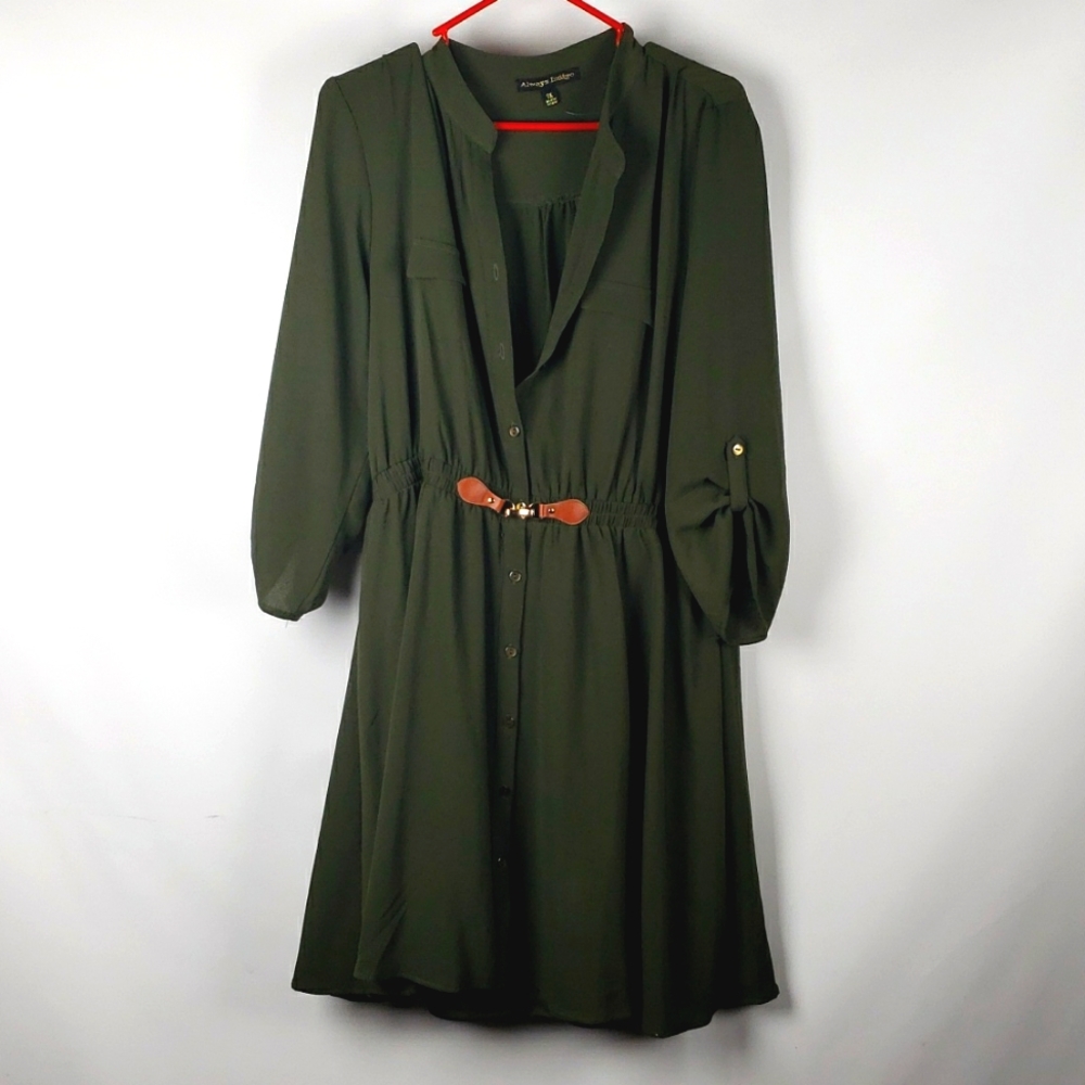 2x Olive Green belted Dress with button up front.